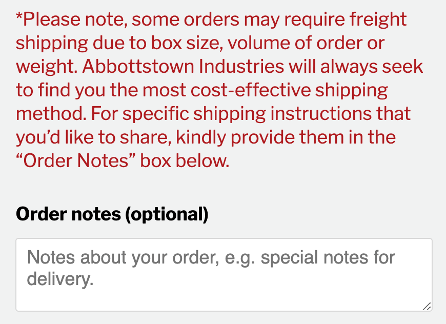 Order notes section of checkout screen Screenshot